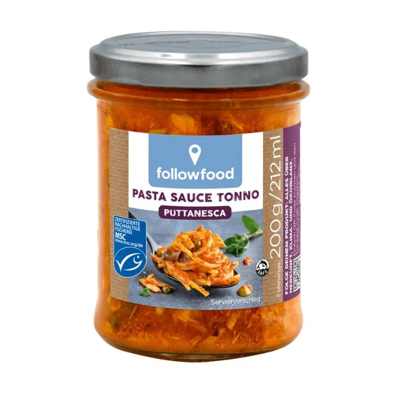 FOLLOW FOOD - БИО СОС ЗА ПАСТА TONNO PUTTANESCA (С ФИЛЕ ОТ БЯЛА РИБА ТОН MSC) - 200 г