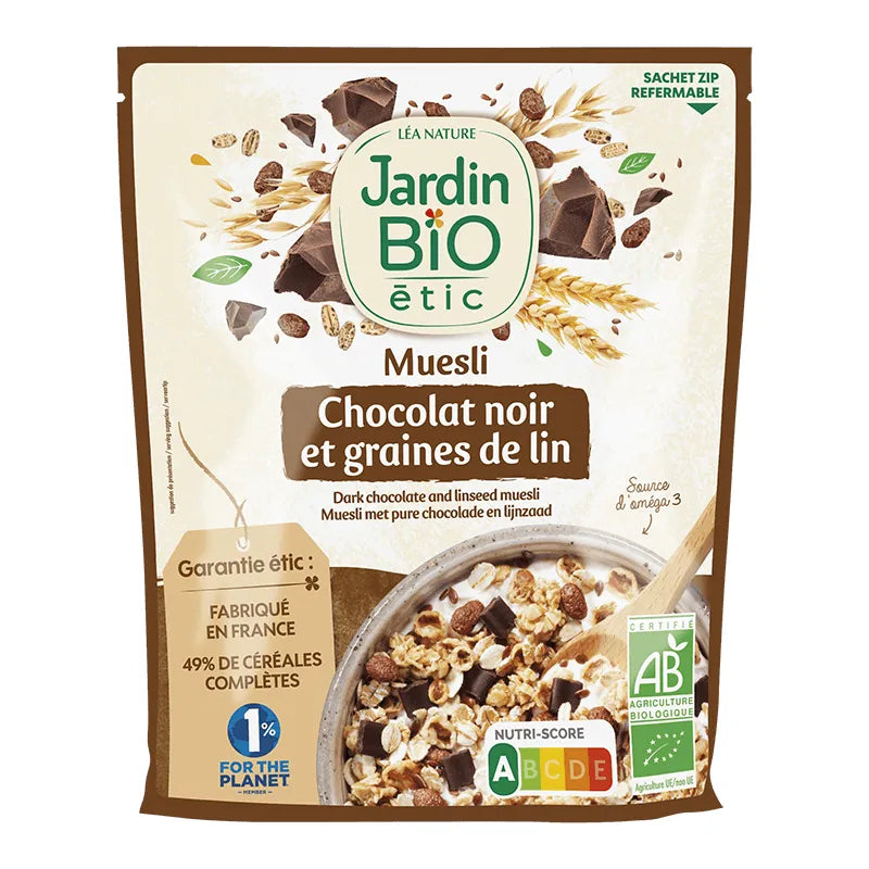JARDIN BIO - БИО МЮСЛИ С ТЪМЕН ШОКОЛАД И ЛЕНЕНО СЕМЕ - 375 г