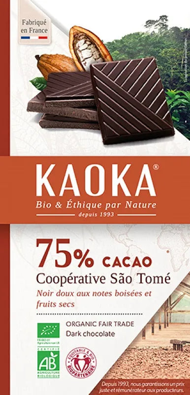KAOKA - БИО ШОКОЛАД ТЪМЕН (75%) ОТ САО ТОМЕ БЕЗ ЛЕЦИТИН - 100 г