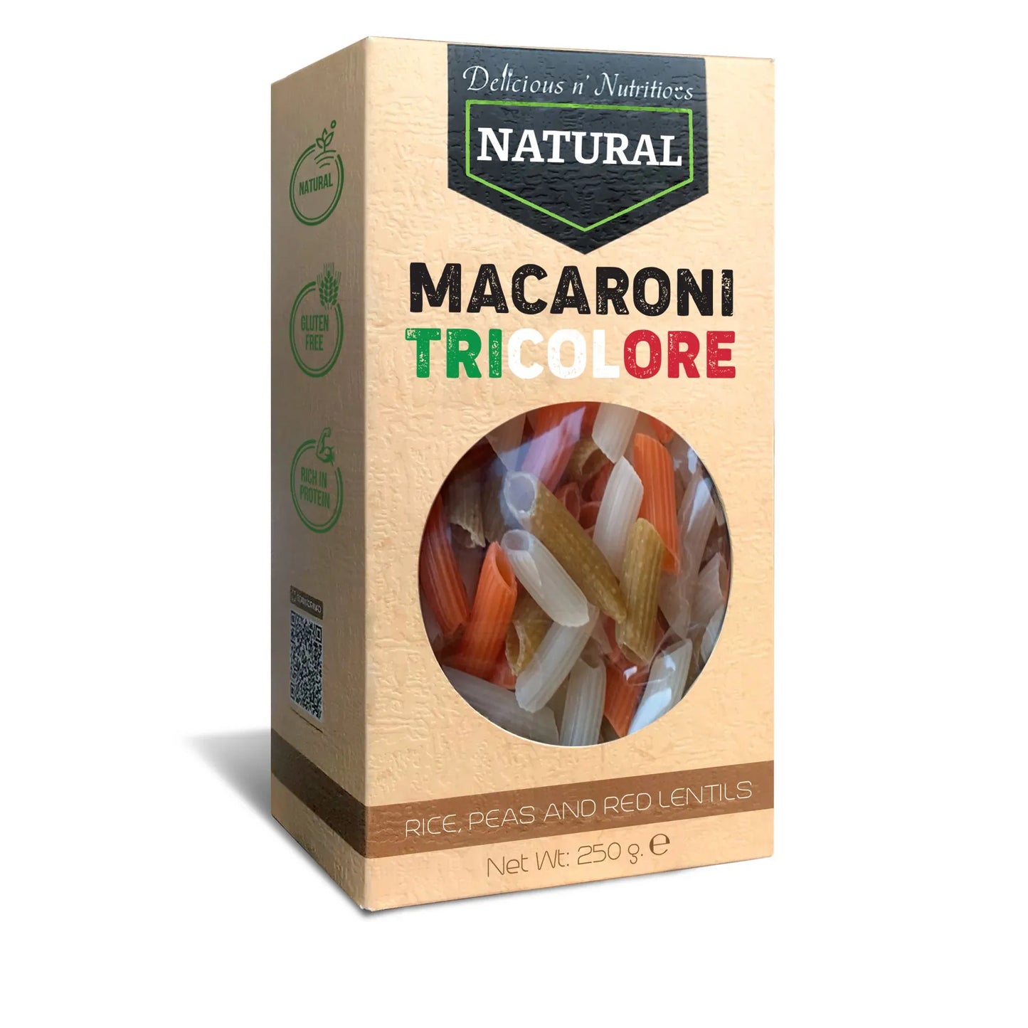 DELICIOUS N' NUTRITIOUS - МАКАРОНИ ТРИКОЛЬОР (ГРАХ, ЧЕРВЕНА ЛЕЩА, ОРИЗ) - 250 g