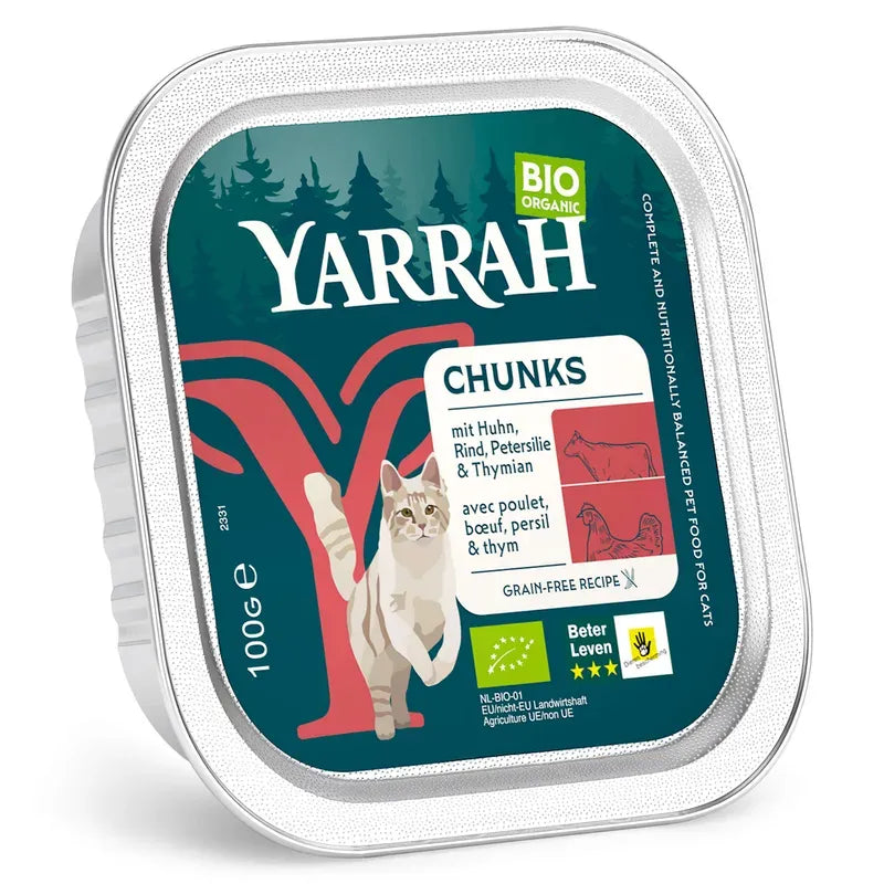 YARRAH - БИО КОТЕШКА ХРАНА ХАПКИ ПИЛЕШКО И ТЕЛЕШКО БЕЗ ЗЪРНО - 100 г