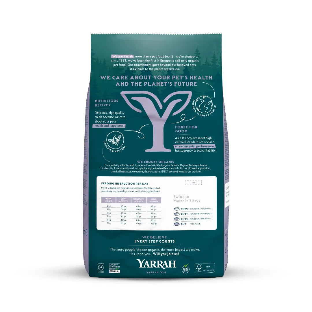 YARRAH - БИО КОТЕШКА ХРАНА СУХА ПИЛЕ И РИБА БЕЗ ЗЪРНО ЗА КАСТРИРАНИ КОТКИ - 700 г