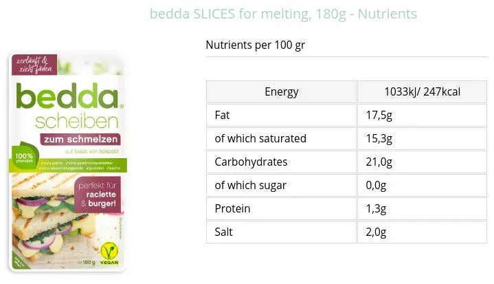 Bedda - ВЕГАН ЗАМЕСТИТЕЛ НА СИРЕНЕ СЛАЙС - ЗА ТОПЕНЕ - 180 г