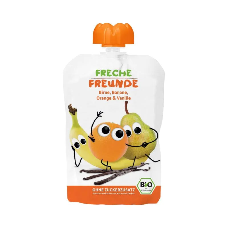 FRECHE FREUNDE - БИО ПЛОДОВА ЗАКУСКА КРУША, БАНАН, ПОРТОКАЛ И ВАНИЛИЯ - 100 г