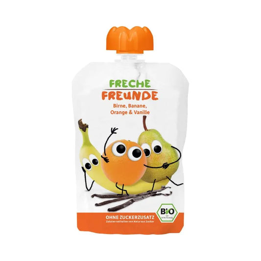 FRECHE FREUNDE - БИО ПЛОДОВА ЗАКУСКА КРУША, БАНАН, ПОРТОКАЛ И ВАНИЛИЯ - 100 г