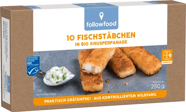 FOLLOW FOOD - РИБНИ ПРЪЧИЦИ MSC СЕРТИФИЦИРАНИ В БИО ПАНИРОВКА ЗАМРАЗЕНИ - 250 г