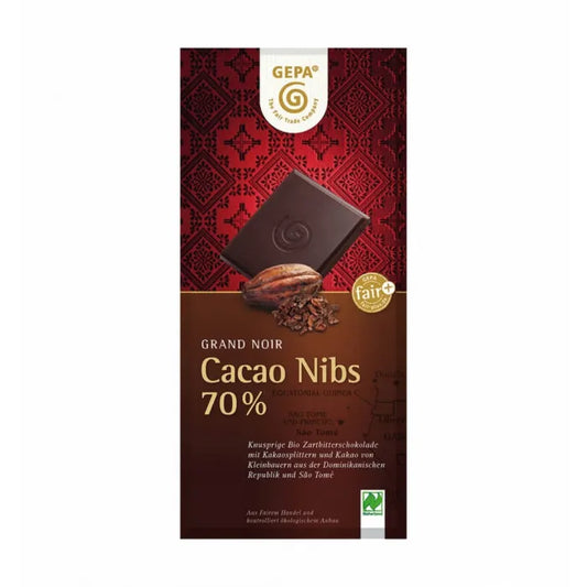 GEPA - БИО ШОКОЛАД ЧЕРЕН С КАКАОВИ ЗЪРНА (CACAO NIBS 70%) - 100 г