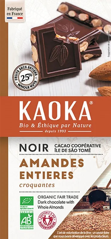 KAOKA - БИО ШОКОЛАД ТЪМЕН (66%) ОТ САО ТОМЕ С ЦЕЛИ БАДЕМИ - 180 г