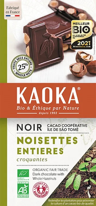 KAOKA - БИО ШОКОЛАД ТЪМЕН (66%) ОТ САО ТОМЕ С ЦЕЛИ ЛЕШНИЦИ - 180 г