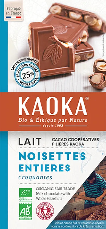 KAOKA - БИО ШОКОЛАД МЛЕЧЕН (38%) С ЦЕЛИ ЛЕШНИЦИ - 180 г