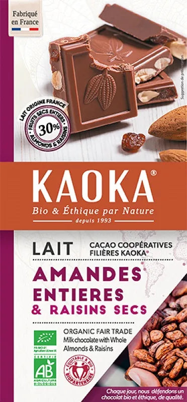 KAOKA - БИО ШОКОЛАД МЛЕЧЕН (38%) С ЦЕЛИ БАДЕМИ И СТАФИДИ - 180 г