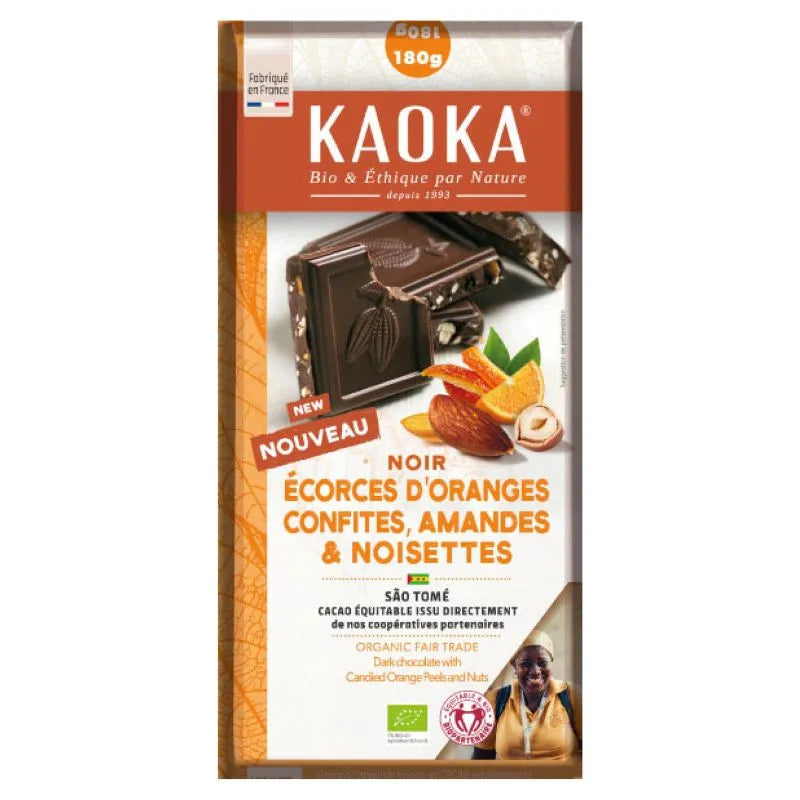 KAOKA - БИО ТЪМЕН ШОКОЛАД (66%) ОТ САО ТОМЕ С КОРА ОТ ПОРТОКАЛ, БАДЕМИ И ЛЕШНИЦИ - 180 г