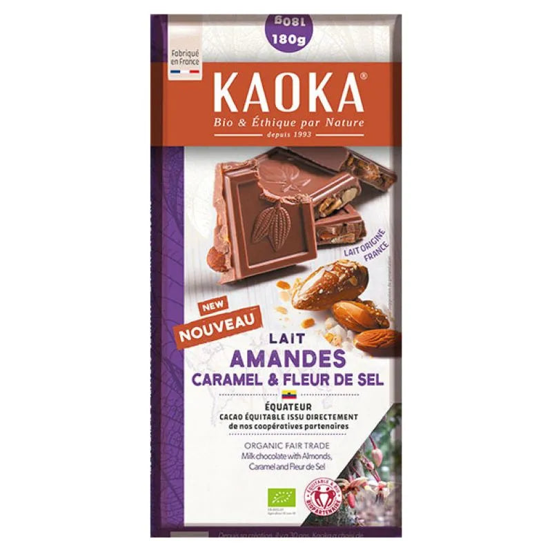 KAOKA - БИО ШОКОЛАД МЛЕЧЕН (38%) С БАДЕМИ, КАРАМЕЛ И МОРСКА СОЛ - 180 г