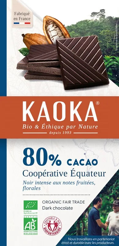 KAOKA - БИО ШОКОЛАД ТЪМЕН (80%) ОТ ЕКВАДОР БЕЗ ЛЕЦИТИН - 100 г
