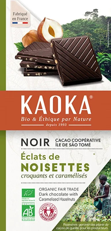 KAOKA - БИО ШОКОЛАД ТЪМЕН (66%) ОТ САО ТОМЕ С КАРАМЕЛИЗИРАНИ ЛЕШНИЦИ - 100 г