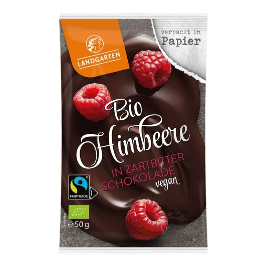 LANDGARTEN - БИО ВЕГАН БЕЗГЛУТЕНОВИ МАЛИНИ В ТЪМЕН ШОКОЛАД - 50 г