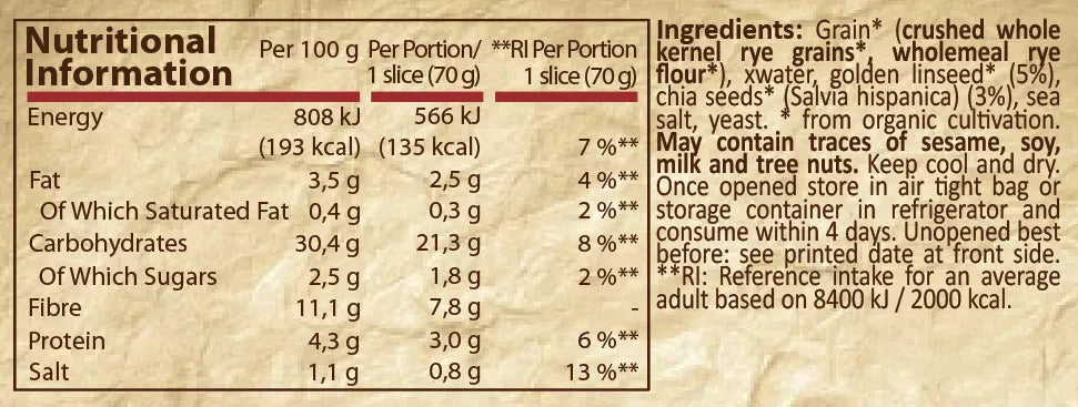 Pure Nutrition - БИО ХЛЯБ СЪС ЗЛАТНО ЛЕНЕНО СЕМЕ И ЧИА - 350 g
