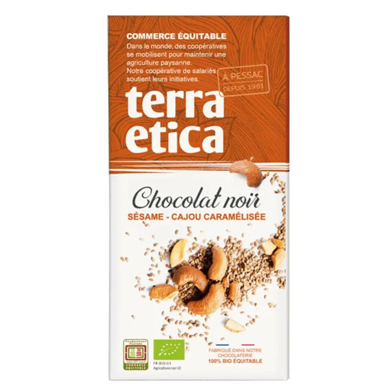 TERRA ETICA - БИО ШОКОЛАД ЧЕРЕН СЪС СУСАМ И КАРАМЕЛИЗИРАНО КАШУ - 100 г