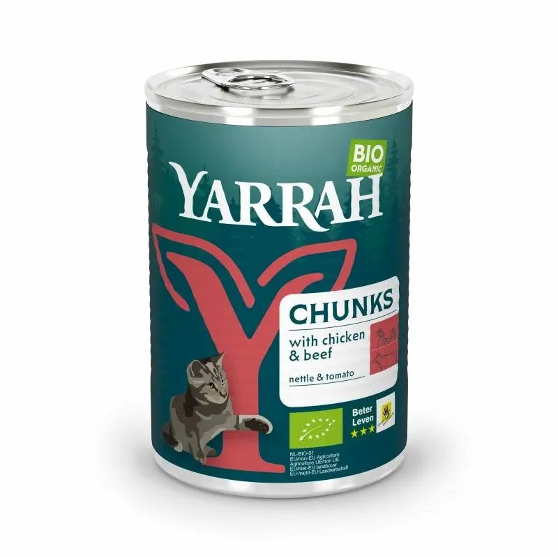 YARRAH - БИО КОТЕШКА ХРАНА ХАПКИ ПИЛЕ И ТЕЛЕШКО - 405 г